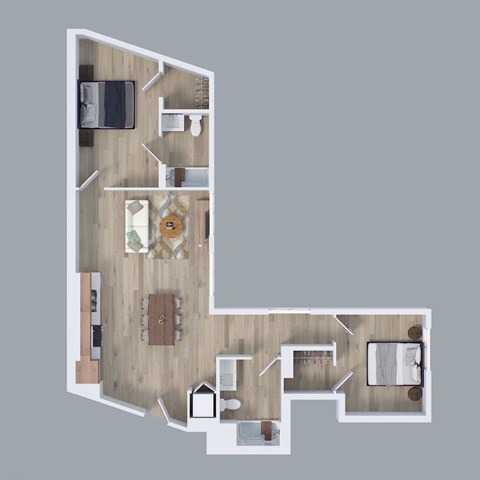 Floor plan for 2 beds, 2 baths, 1097 sqft